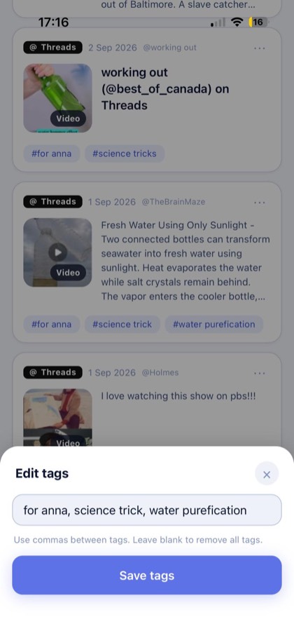 Editing the tags on a saved post in PostKeep, with several comma-separated tags in the field
