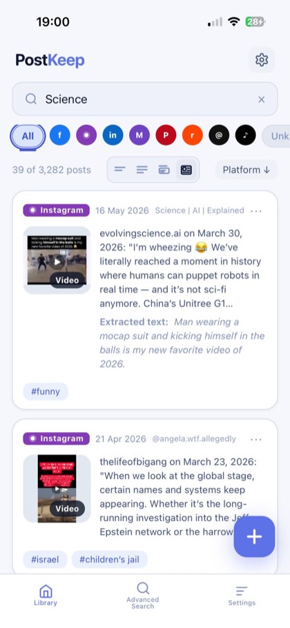 Searching a PostKeep vault for "Science": 39 posts match, one showing text extracted from a video by OCR