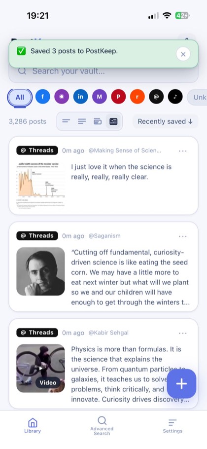 A confirmation in PostKeep reading "Saved 3 posts to PostKeep", above the newly saved posts in the library