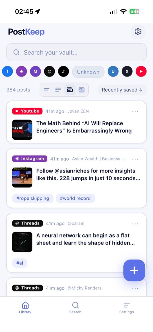 PostKeep library showing saved posts from YouTube, Instagram, and Threads