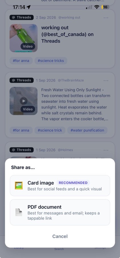 Choosing how to share a saved post from PostKeep — as a card image or as a PDF document
